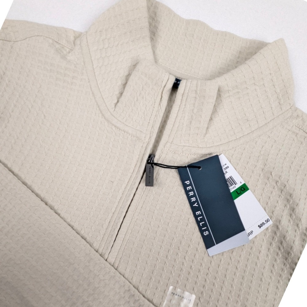 Perry Ellis Mens Waffle Knit Quarter Zip Pullover Cream Cotton Mock Neck Large